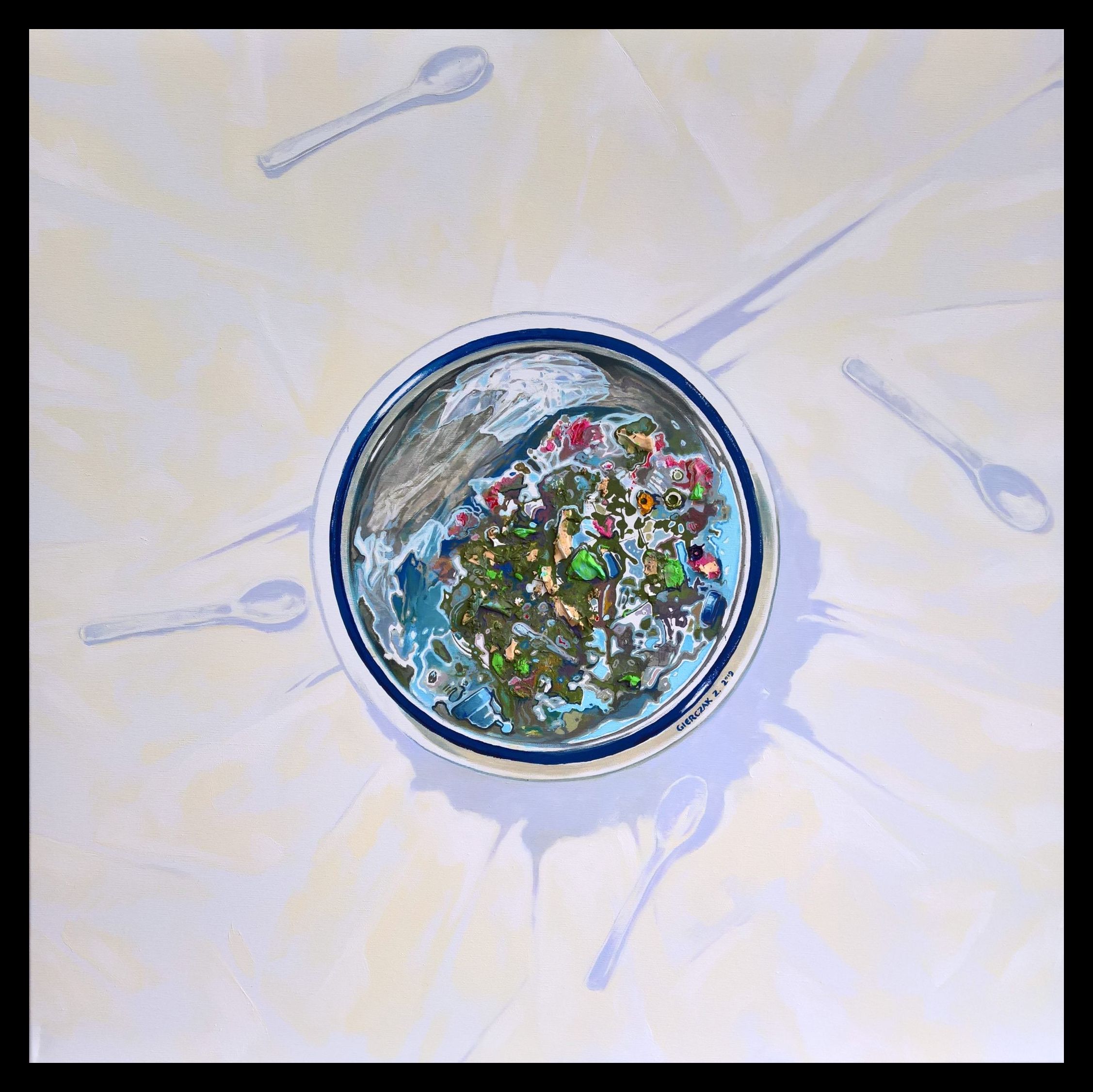 Karma wraca - zupa śmieciowa akryl 100x100 cm 2019r